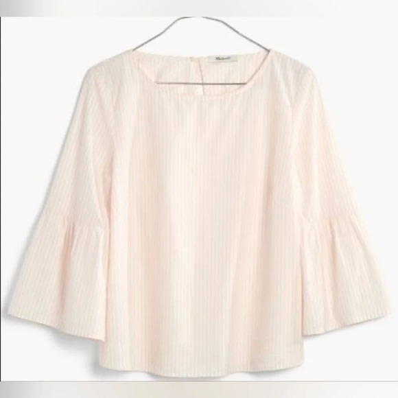 Madewell Striped Blouse top bell Sleeves pink & Cream M Classic Preppy Office - Picture 1 of 6